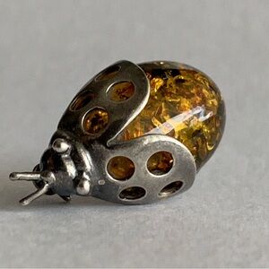 New vintage AMBER and SILVER Ladybug brooch pin